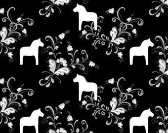 Curtains black white Large Dala Horses Leksand Kurbits Modern curtains Curtain valances Home decor Natural Organic fabric , GIFT