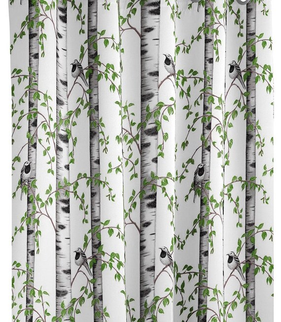 Curtains White Or Beige Black Grey Birds Moss Green Leaves Etsy
