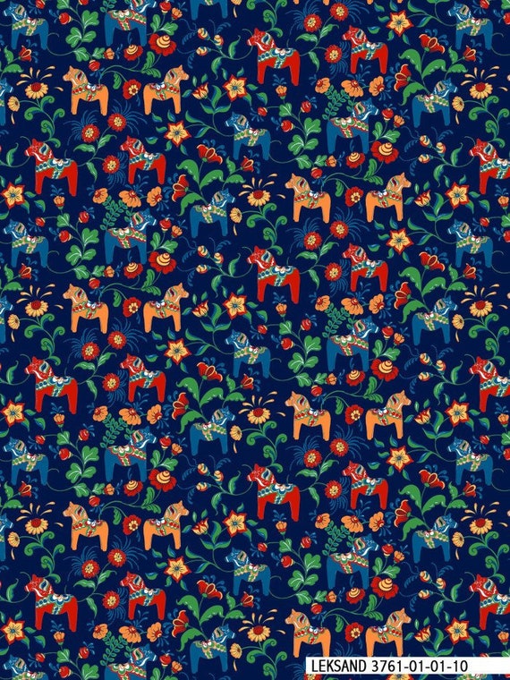 Curtains Navy Blue Red Orange Large Dala Horses Leksand Etsy