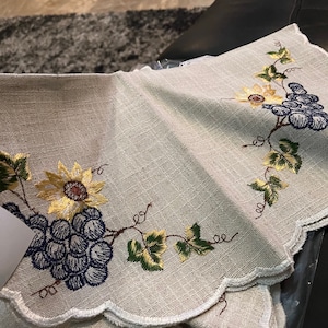 New from Package Fine German Plauen Embroidered woven 19 inch scalloped circle topper  design with grapes vine and flowers. beautiful edging