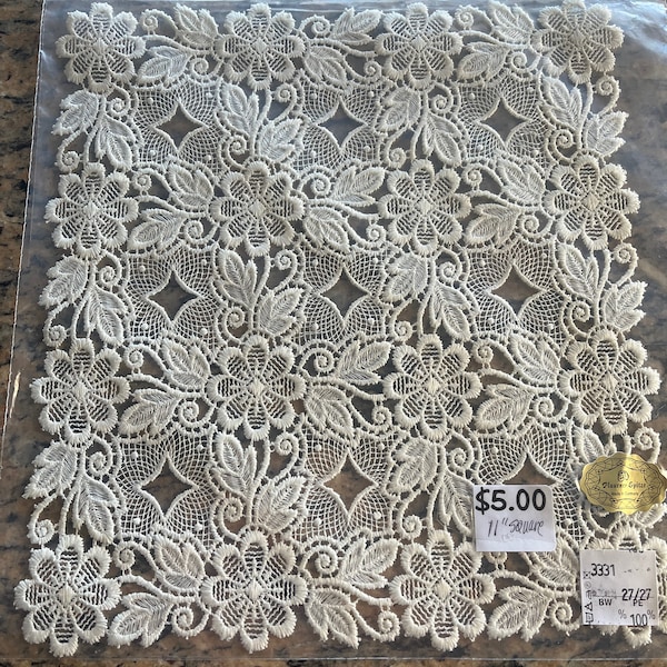 New in Package Fine German Plauen Embroidered open lace 11 in scalloped square table topper beautiful edging open lace edge off white