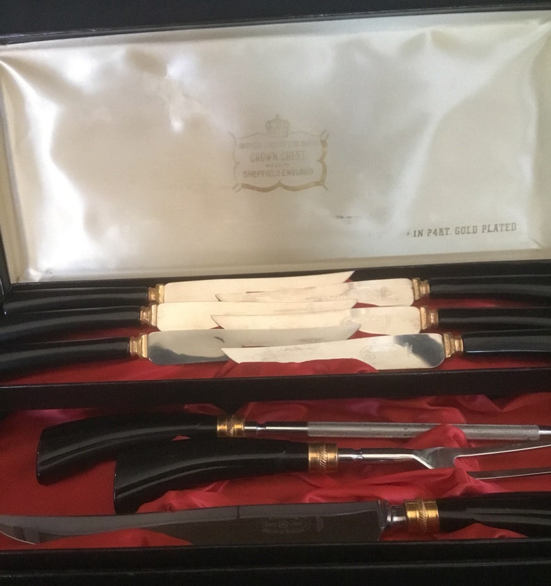 Vintage Sheffield Crown Crest Cutlery Set 24k Gold Plate Stainless Knife Set image 2