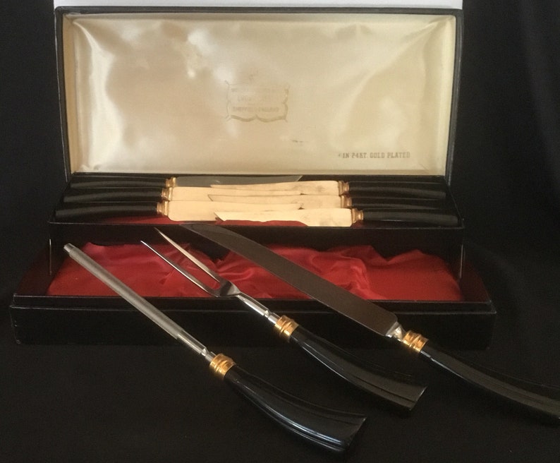 Vintage Sheffield Crown Crest Cutlery Set 24k Gold Plate Stainless Knife Set image 10