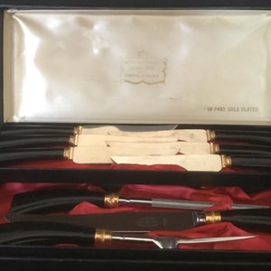 Vintage Sheffield Crown Crest Besteck Set 24 Karat Vergoldete Edelstahlmesser
