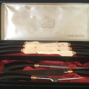 Vintage Sheffield Crown Crest Cutlery Set 24k Gold Plate Stainless Knife Set image 1