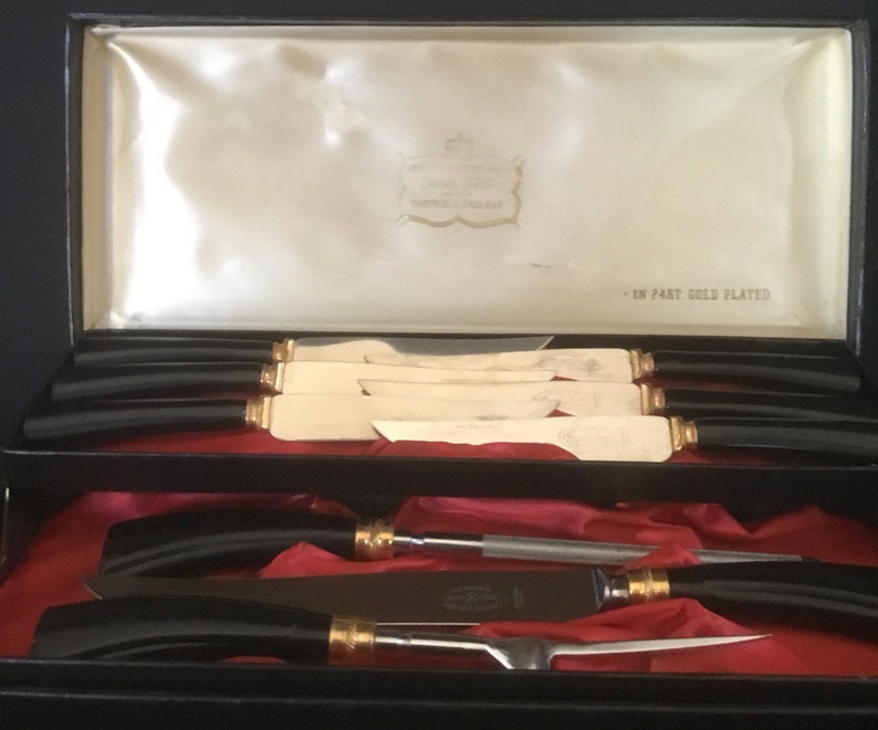 Vintage Sheffield Crown Crest Cutlery Set 24k Gold Plate Stainless Knife Set image 1