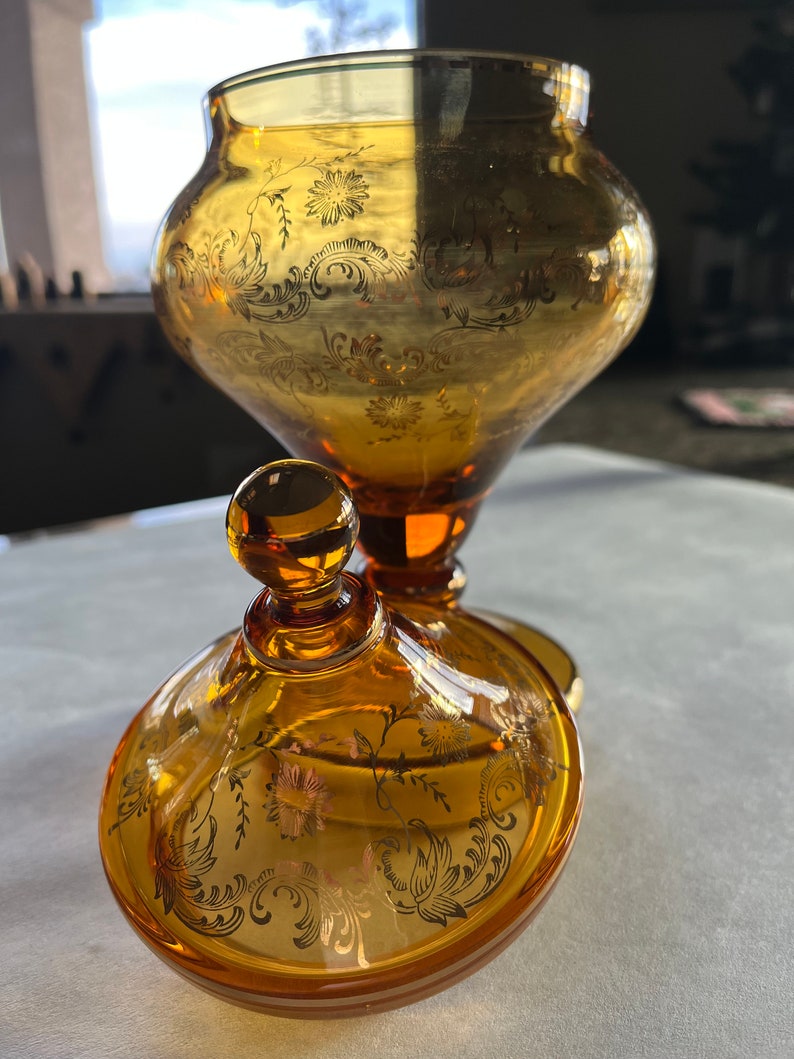 Beautiful Vintage Amber Glass Decanter With Lid Excellent Etsy