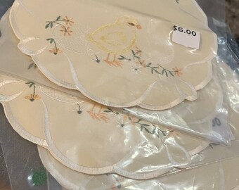 New in Package Fine German Plauen Embroidered scalloped Spring Chick with Egg embroidered  10 in. fine Polyester doily table linen beautiful