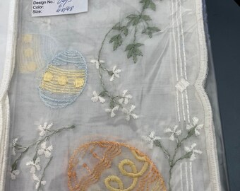 New in Package Fine German Plauen Embroidered scalloped Spring design with Eggs embroidered  19x19 fine sheer Polyester sq. topper beautiful