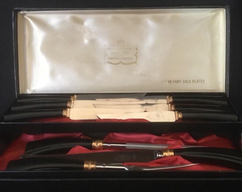 Vintage Sheffield Crown Crest Cutlery Set 24k Gold Plate Stainless Knife Set image 8