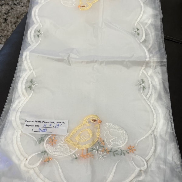 New in Package Fine German Plauen Embroidered scalloped Spring design with Chick Egg embroidered 9x18 fine sheer Polyester runner beautiful