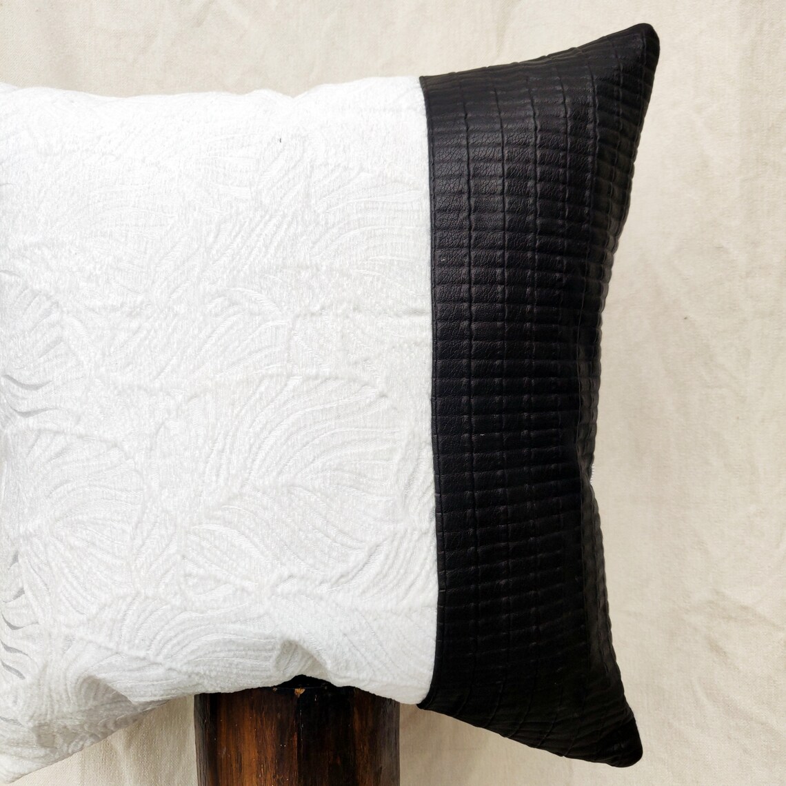 White cushion covers Velvet with faux leather accent Etsy