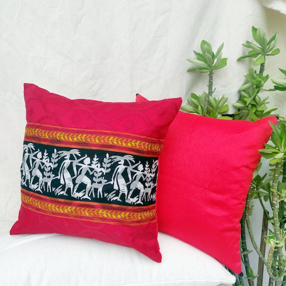 Set Of 2 Red Silk Pillow Covers Tribal Printed Cushion Etsy