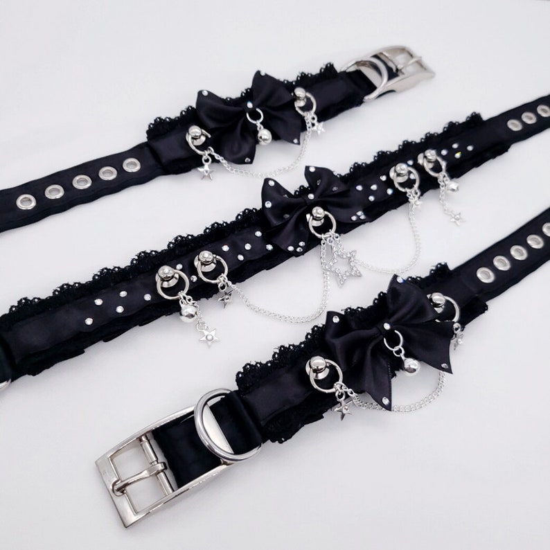 Pet Play Petplay Collar Kinky Cuffs DDLG Collar Kittenplay BDSM Cuffs Adjustable Black and Silver Star Collar Cuff Set Bondage Set