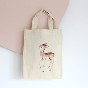 Rehkitz Kindertasche, Awilix das Reh, kleine Geschenktasche, handbedruckt, Stoffbeutel, Kitatasche Buchtasche
