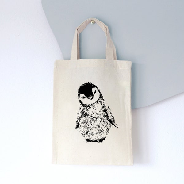 Kitatasche, Pip der Pinguin, kleine Stofftasche,handbedruckt, Geschenktasche, Jutebeutel, Geburtstagsgeschenk Kindergartentasche Beutel