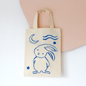 Moon bunny, children&#39;s bag, hand-printed, gift bag, Easter bag, Easter bag, book bag, daycare bag, daycare bag, bunny fabric bag, rabbit