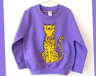 Leopard 1-13 Jahre Handbedruckt Kinder Sweatshirt lila Leo Pullover
