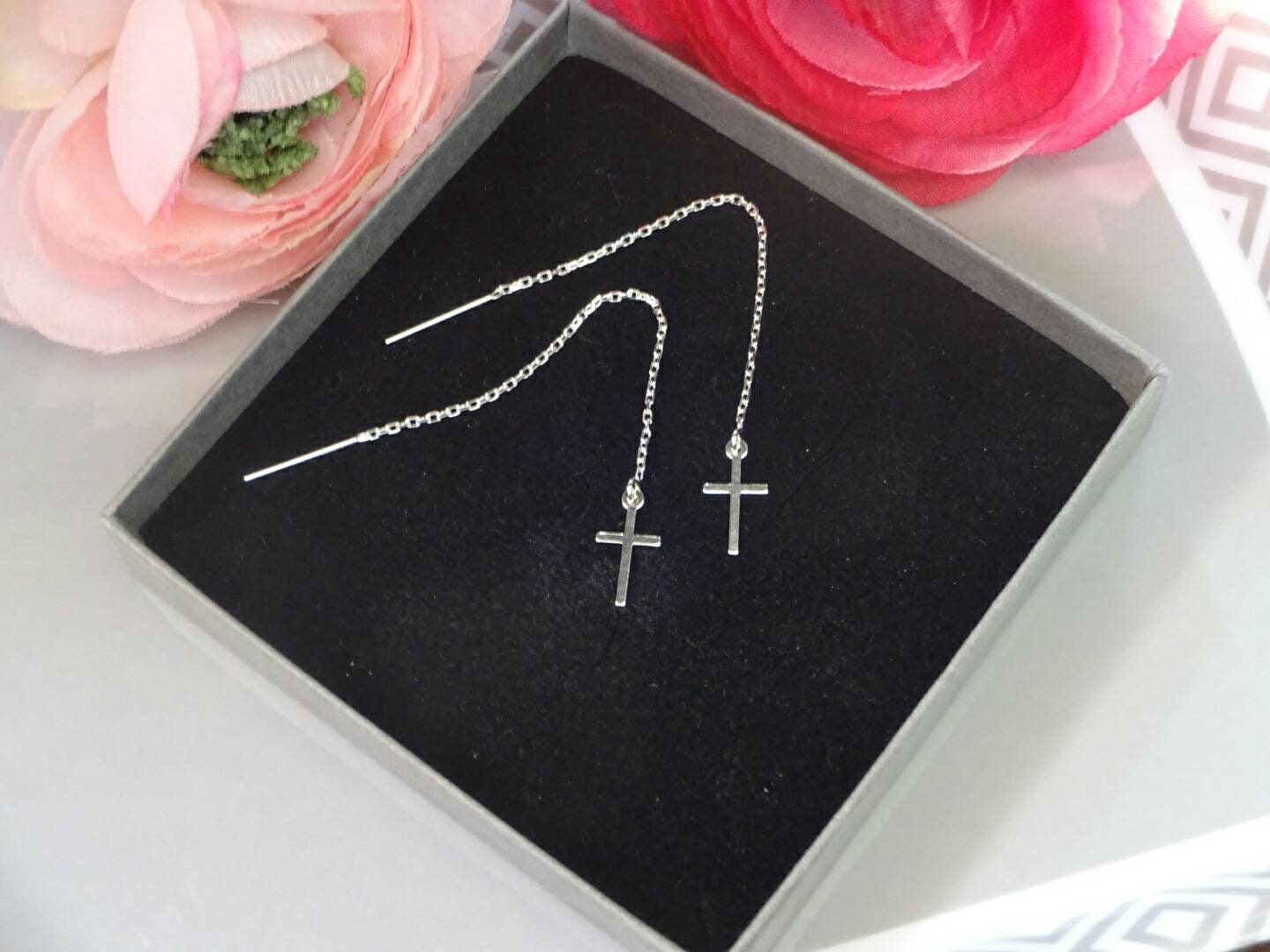 Silver Cross Threader Earrings Chain Earrings Gift for Her Etsy
