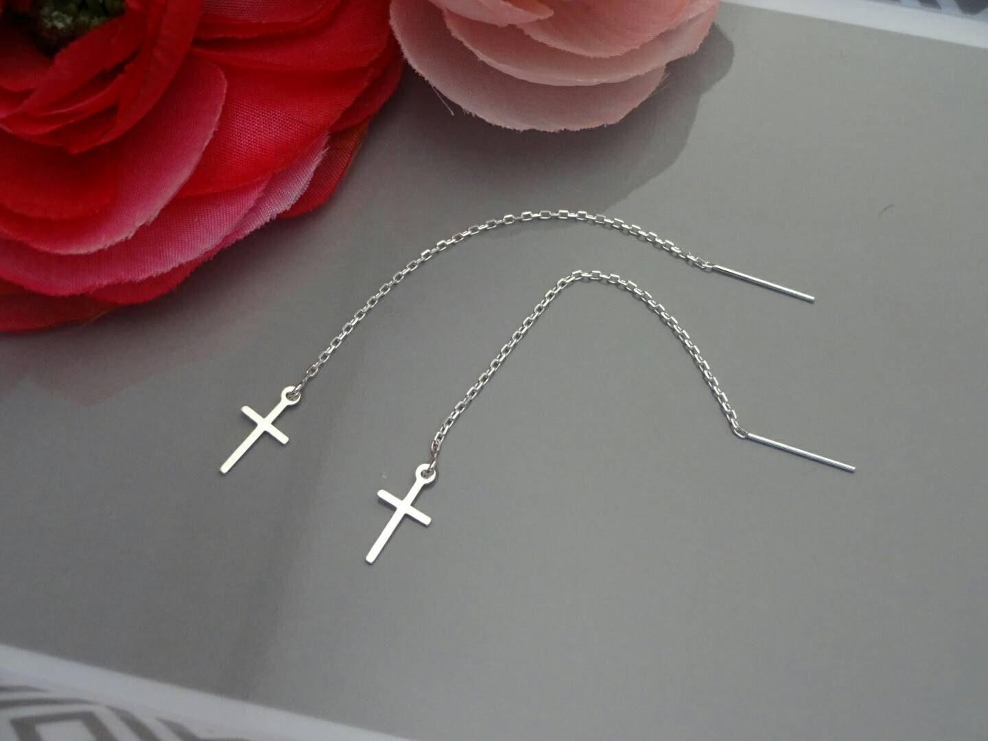 Silver cross threader earrings chain earrings gift for her | Etsy