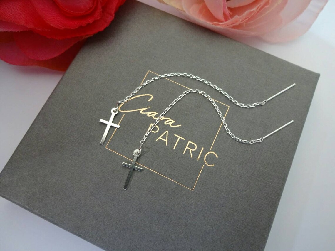 Silver Cross Threader Earrings Chain Earrings Gift for Her Etsy