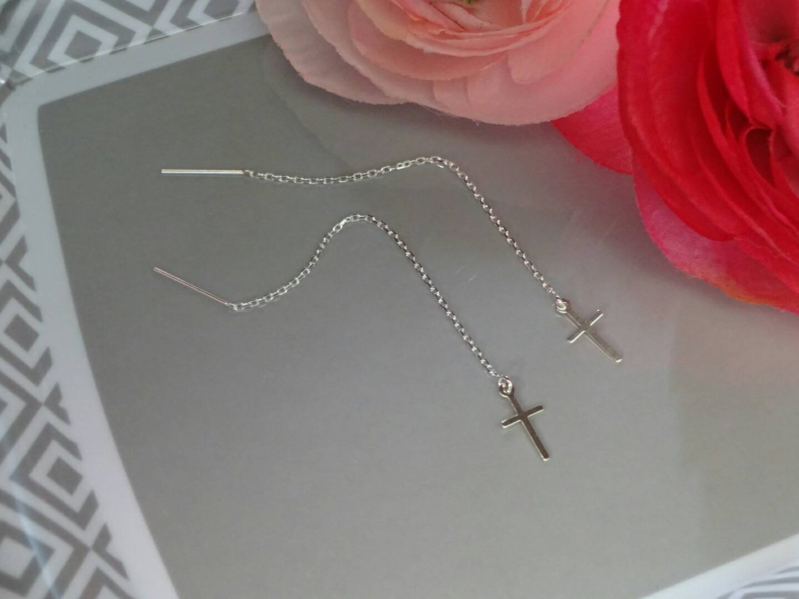 Silver cross threader earrings chain earrings gift for her Etsy