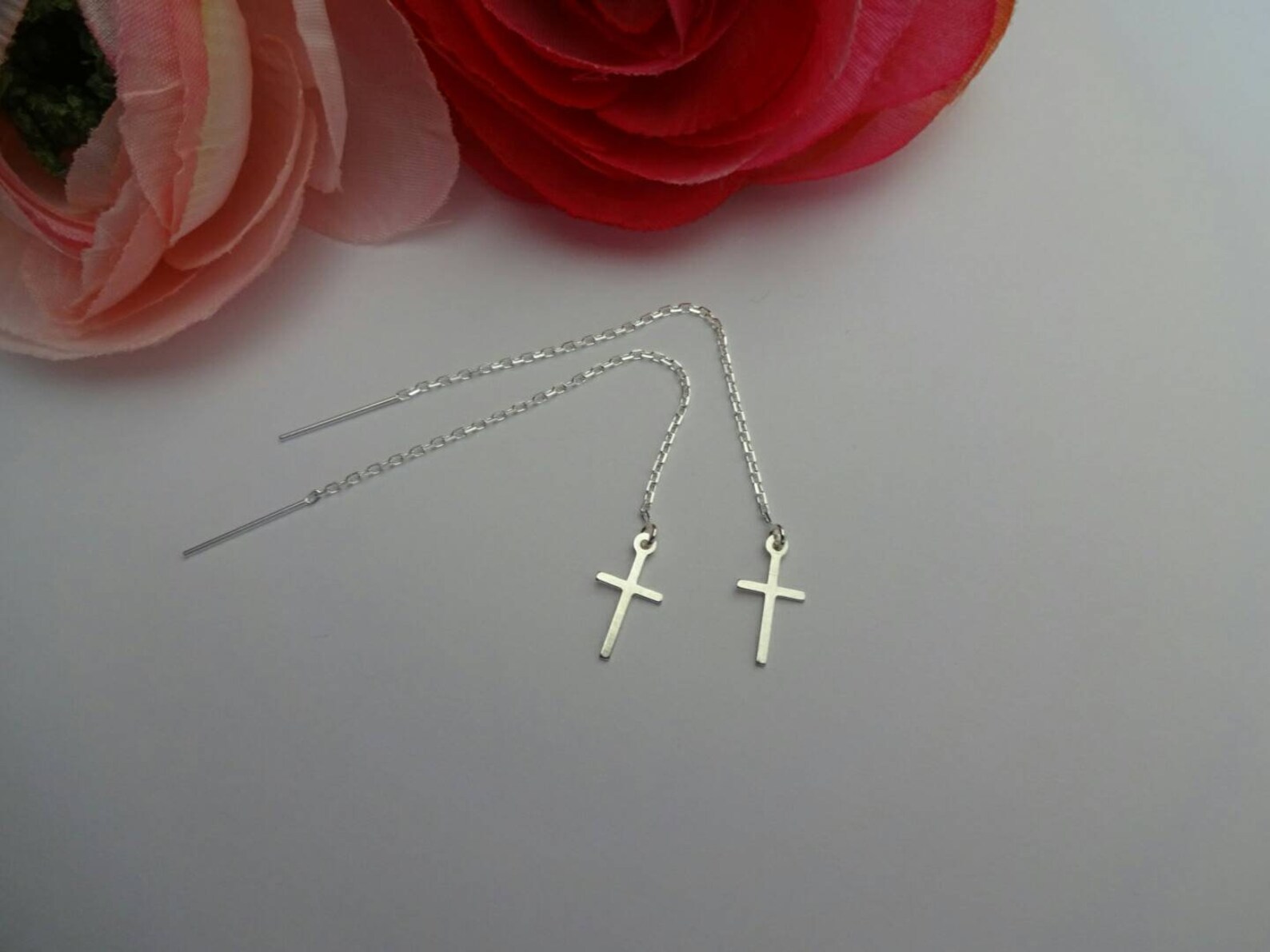 Silver cross threader earrings chain earrings gift for her Etsy