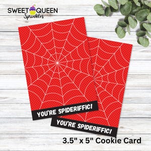 Cartão de biscoito de super-herói Spideriffic - 5" x 3,5" - Etiqueta de festa para impressão - Mini biscoitos Super Hero Red Spider Web - Download digital