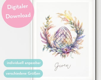 Magisches Drachenei mit Blumenkranz - Poster – Hochwertig & Detailreich für das Kinderzimmer - personalisierbar (digitaler Download)