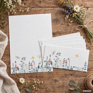 Könnte beinhalten: Ein Set aus weißem Briefpapier und passenden Umschlägen mit einer farbenfrohen Aquarellillustration von Wildblumen, Gräsern, Libellen und Schmetterlingen am unteren Rand. Die Umschläge enthalten ein rechteckiges weißes Adressfeld.