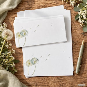 Könnte beinhalten: Ein Stapel weißes Briefpapier und passende Umschläge mit einer Aquarellillustration von zwei Löwenzahnblüten, deren Samen im Wind verwehen. Ein metallischer Füllfederhalter mit hellgrünem Schaft liegt neben dem Papier-Set.