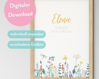 Poster zur Geburt Wildblumen - personalisierbar mit Namen und Geburtsdaten (digitaler Download)