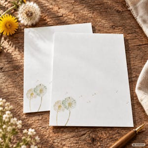 Könnte beinhalten: Zwei rechteckige Blätter weißes Briefpapier mit einer zarten Aquarellillustration von zwei Löwenzahnblüten in sanften Grün- und Gelbtönen, wobei kleine Samen in der unteren Ecke jeder Seite verstreut dargestellt sind.