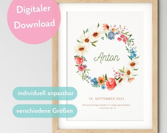 Poster Taufe mit Blumenkranz aus Wildblumen - personalisierbar - Geschenk zur Taufe (digitaler Download)