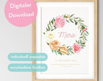 Poster Taufe mit Blumenkranz aus Rosen und Nelken - personalisierbar - Geschenk zur Taufe (digitaler Download)