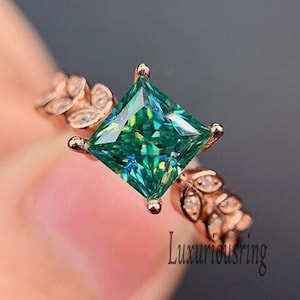 2.00 Carat Princess Cut Blue Green Moissanite Wedding Ring, Blue Green Diamond Engagement Ring, 14K Rose Gold Half Eternity Ring For Women,