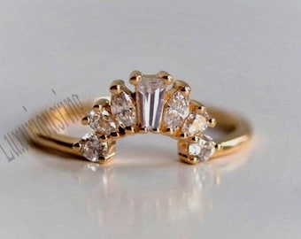 14K Yellow Gold Vintage Diamond Band, Curved Lab Diamond Wedding Band, Engagement/Wedding/Anniversary Ring Band Gift For Women, Gift For Her