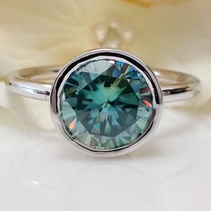 Blue Green Round Moissanite Engagement Ring,14K Solid White Gold 2 Ct Green Bezel Set Solitaire Diamond Wedding Ring, Classic Gift For Her