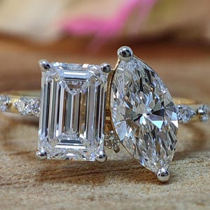 Toi et Moi Lab Grown Diamond Ring 2 Carat Diamond Engagement Ring Toi et Moi Emerald Diamond 1 CT Marquise & 1 CT Emerald Cut 2 Stone Ring