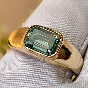Teal Blue Moissanite Emerald Cut Bezel Set Solitaire Ring 10K Yellow Gold 1.70 Ct East To West Statement Ring, Vintage Ring For Girlfriend