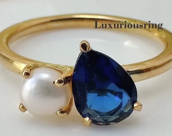 Blue Sapphire Pear & Pearl Dress matching Ring Pear Toi Et Moi Anniversary Ring, 10K Solid Yellow Gold minimalist Ring For Women Gifts