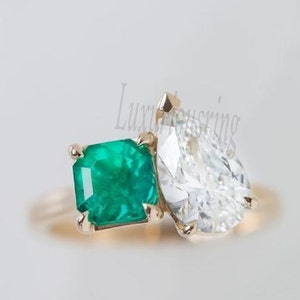 Double Stone Engagement Ring 2 Stone Toi et moi ring Wedding Ring 3 Ct Asscher cut ring Pear ring 2 stone mothers ring Ice crushed ring