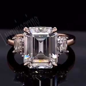 3.00 Ct Colorless Emerald Cut Moissanite Engagement Ring, 14K Solid Rose Gold Wedding Ring, Classic Side Stone Trapezoid Cut Ring For Women
