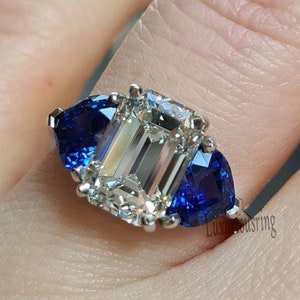 Blue Sapphire Moissanite Engagement Ring 3 Ct Emerald Moissanite Ring, Three Stone Engagement Ring Sapphire Wedding Ring 10K White Gold