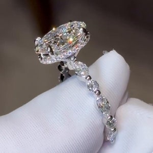Whitey Oval Cut Moissanite Engagement Ring with Hidden Halo and Marquise Pave Diamond Ring, Gold Half Eternity 3ct Oval Moissanite Ring