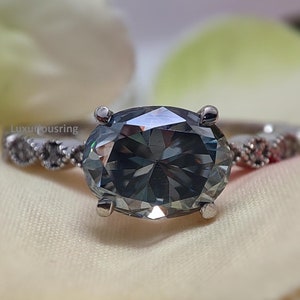 Grey Moissanite Engagement Ring, 9x7 mm Oval Cut 925 Sterling Silver Women Ring For Anniversary Gifts, Half Eternity Band ,Handmade Jewelry