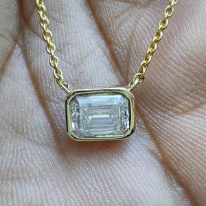 east west diamond solitaire pendant emerald cut bezel set moissanite vertical rectangle pendant 4 14k/18k solid gold handmade women pendant