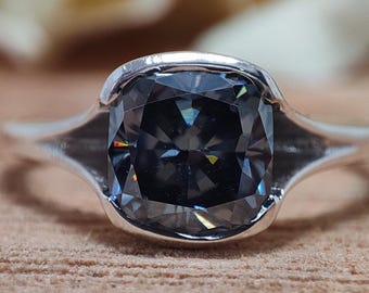 Gray Moissanite Engagement Ring, Cushion Cut 1.5 Ct Grey Moissanite Ring 925 Sterling Silver Solitaire Wedding Ring Valentine&#39;s Day Gift