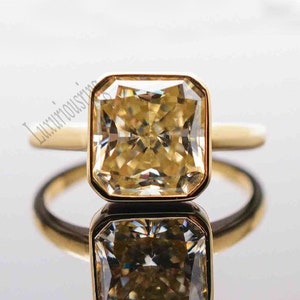 Yellow Radiant Moissanite Ring 7 MM Yellow Moissanite Bezel Set Solitaire Ring Yellow Lab Diamond Ring 14K Solid Yellow Gold Ring For Her