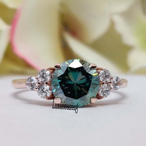 Green Moissanite Engagement Ring 1.80Ct Blue Green Round Cut Moissanite Engagement Ring Moissanite Cluster Wedding Ring Anniversary Ring